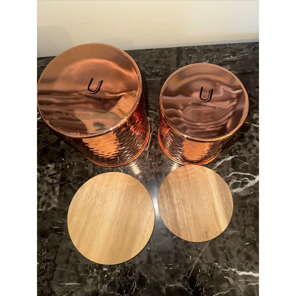 Uncommon James Copper Canister Set Of 2 Hammered with Wood Lids 45 Oz & 25 Oz